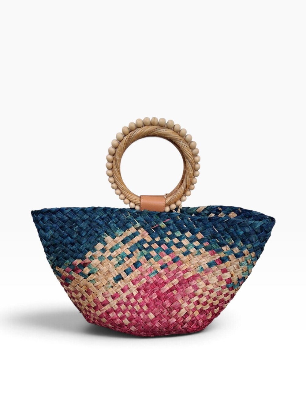 Aranaz Lydia Handwoven Straw Tote Bag Ombré Pink Blue Wooden Bead Handle NWOT